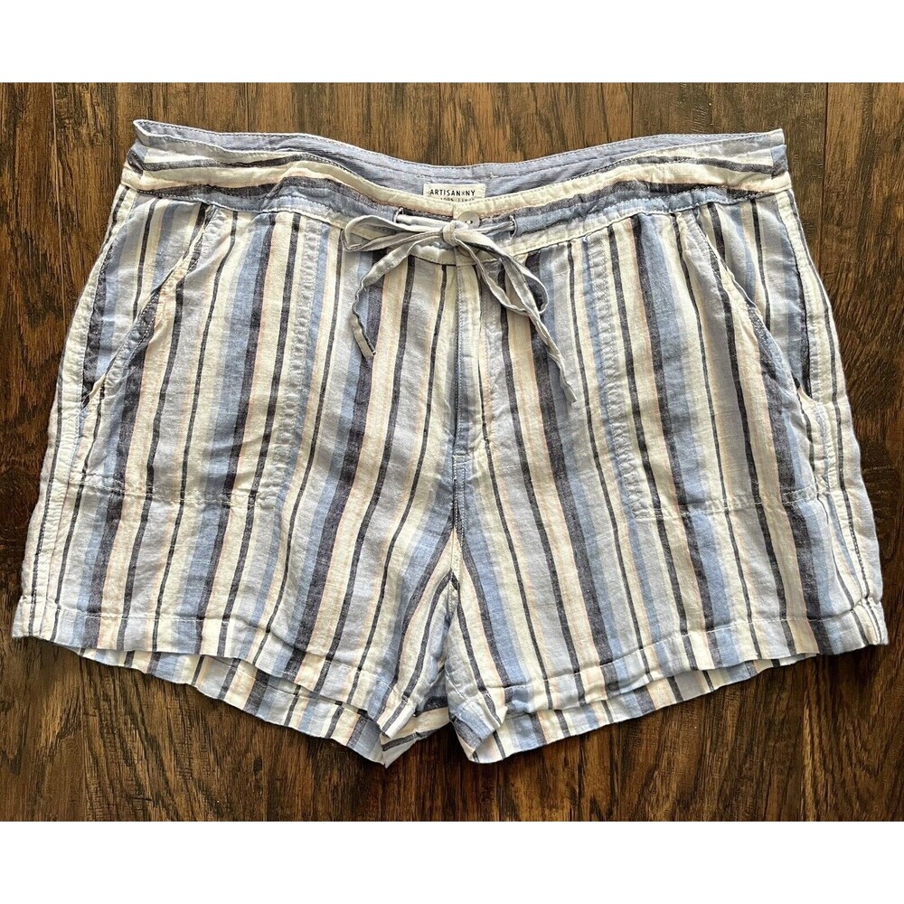 Artisan NY 100% Linen Women’s ShortDrawstring Button Zip Striped Pockets Size 14